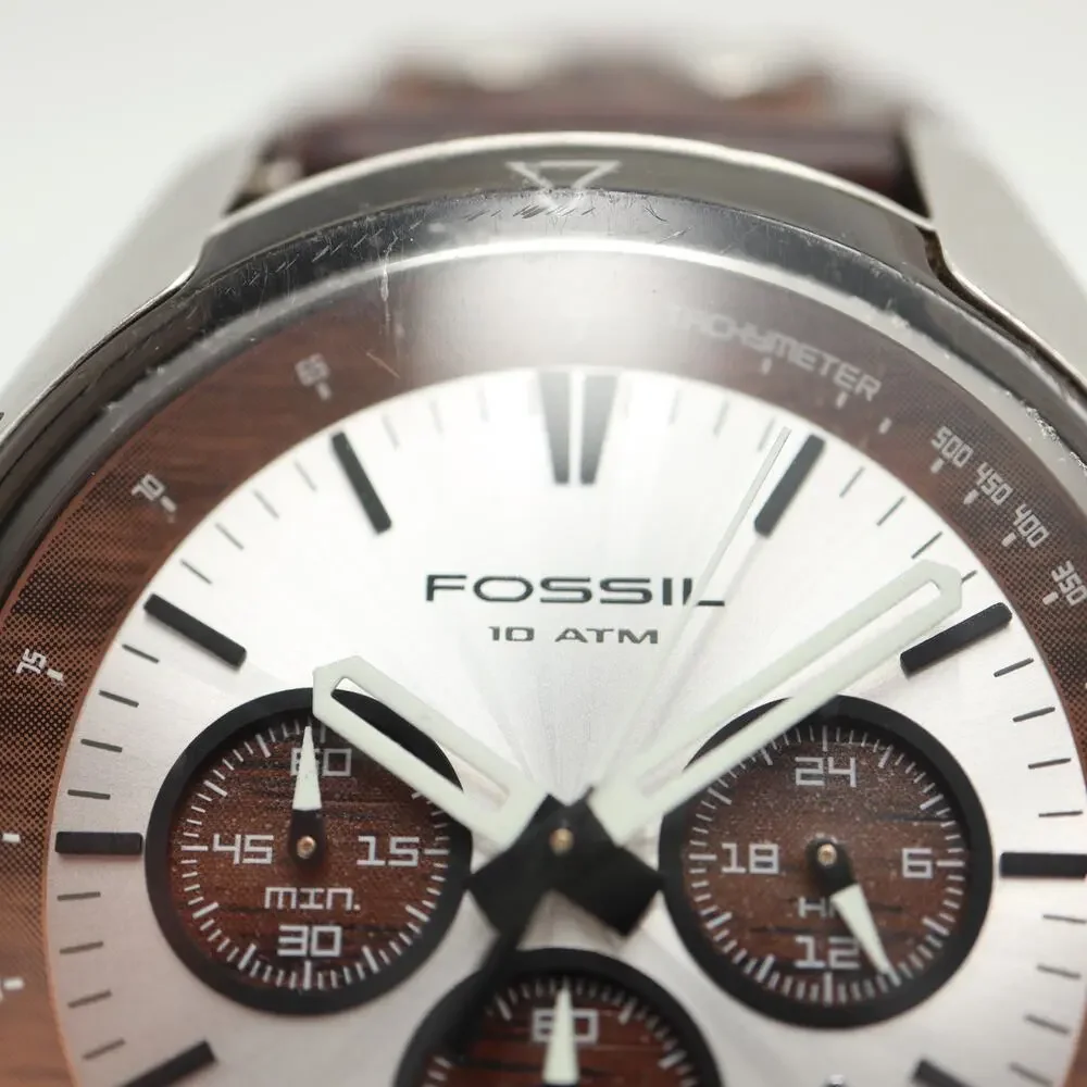 Fossil Coachman Mens Brown 45mm Watch Date Wood Grain Leather Cuff w New Battery
